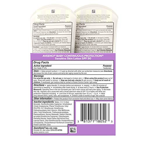 Aveeno Baby Continuous Protection Zinc Oxide Mineral Sunscreen Lotion for Sensitive Skin, 2 x 3 fl. oz - Image 4